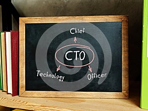 CTO Chief Technology Officer written text. group of colorful books on the wooden table and blackboard