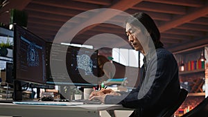 CTO manager in AI startup drinking coffee while coding