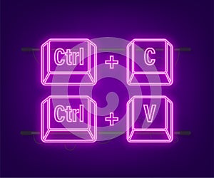 Ctrl C and Ctrl V computer keyboard neon buttons. Desktop interface. Web icon. Vector stock illustration.