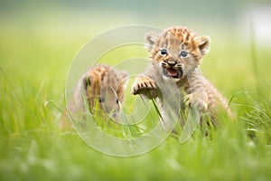 cub pouncing on unaware sibling in grass