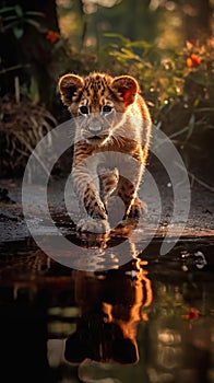 Cub Walking Along Puddle at Deep Sun Tigers Sunset