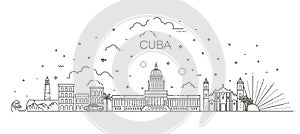 Cuba architecture line skyline illustration. Linear vector cityscape with famous landmarks