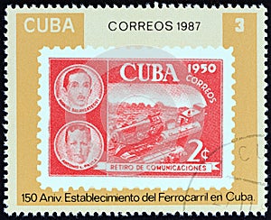 CUBA - CIRCA 1987: A stamp printed in Cuba from the `150th anniversary of Cuban Railway` issue shows 1950 2c. train stamp photo