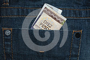 Cuba currency in denim pants, people exploitation concept
