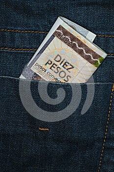Cuba currency in denim pants, people exploitation concept
