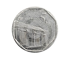 Cuba five centavos coin on a white isolated background