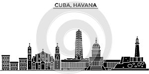 Cuba, Havana architecture vector city skyline, travel cityscape with landmarks, buildings, isolated sights on background