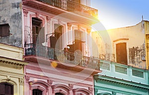 Cuba. Havana. Bright old balconies in the old city