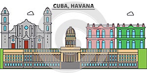 Cuba, Havana outline city skyline, linear illustration, banner, travel landmark, buildings silhouette,vector