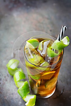 Cuba libre alcohol cocktail drink with rum, cola, ice, lime