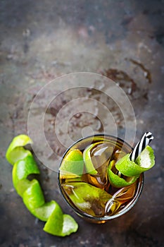 Cuba libre alcohol cocktail drink with rum, cola, ice, lime