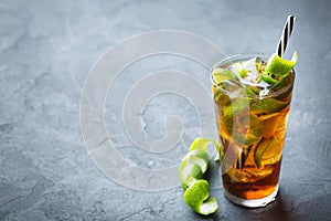 Cuba libre alcohol cocktail drink with rum, cola, ice, lime