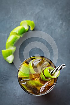 Cuba libre alcohol cocktail drink with rum, cola, ice, lime