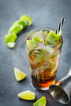 Cuba libre alcohol cocktail drink with rum, cola, ice, lime