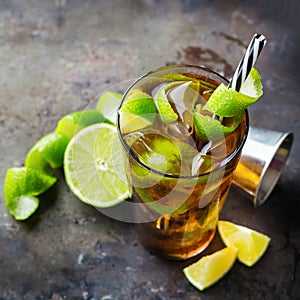 Cuba libre alcohol cocktail drink with rum, cola, ice, lime