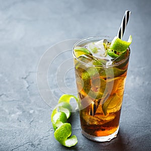 Cuba libre alcohol cocktail drink with rum, cola, ice, lime