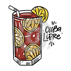 Cuba Libre alcohol cocktail. Flat style. Colorful cartoon vector illustration. Isolated on white background