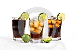 Cuba libre alcohol cocktail with golden rum, lemon juice, cola, lime and ice. AI generated