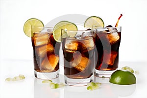 Cuba libre alcohol cocktail with golden rum, lemon juice, cola, lime and ice. AI generated