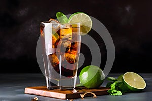 Cuba libre alcohol cocktail with golden rum, lemon juice, cola, lime and ice on black background. AI generated