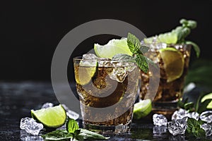 Cuba Libre with brown rum, cola, mint and lime. Cold Longdrink, alcohol cocktail.