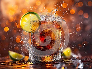 Cuba Libre with brown rum, cola, mint and lime. Cold Longdrink, alcohol cocktail. Place for text, dark background.