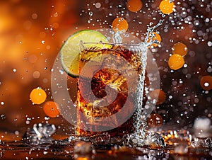 Cuba Libre with brown rum, cola, mint and lime. Cold Longdrink, alcohol cocktail. Place for text, dark background.