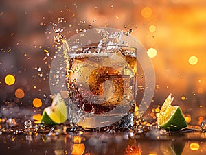 Cuba Libre with brown rum, cola, mint and lime. Cold Longdrink, alcohol cocktail. Place for text, dark background.