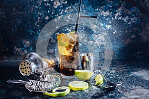 Cuba libre drink, alcoholic beverage with lime and ice served in restaurant and pub