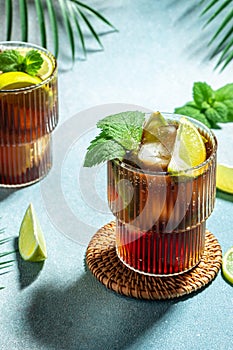 Cuba Libre Drink with fresh lime, rum, cola, mint in the glass. place for text