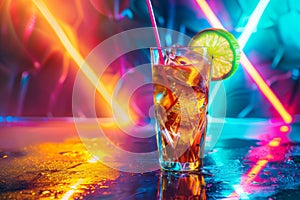 Cuba Libre or Long Island Iced Tea Cocktail on Neon Background, Beach Party Coctail, Summer Bar Drink