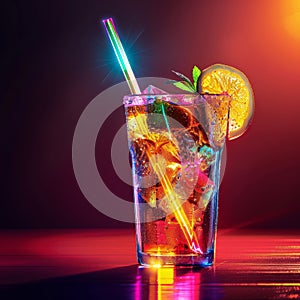 Cuba Libre or Long Island Iced Tea Cocktail on Neon Background, Beach Party Coctail, Summer Bar Drink