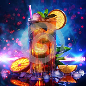 Cuba Libre or Long Island Iced Tea Cocktail on Neon Background, Beach Party Coctail, Summer Bar Drink