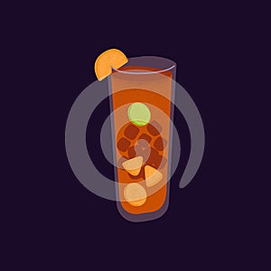 Cuba Libre, rum and coke cocktail in glass. Alcohol drink with ice, lime and orange fruit piece for decor. Cold summer