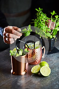 Cuba Libre, Rum and Cola drink with lime in copper mugs on a bar photo