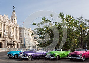Cuba many classic cars parked in series in Havana city