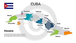 Cuba map. Image of a global map in the form of regions of Cuba regions. Country flag. Infographic timeline. Easy to edit