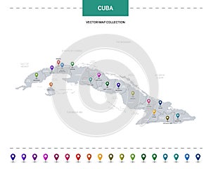 Cuba map with location pointer marks.