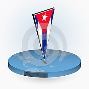 Cuba map in round isometric style with triangular 3D flag of Cuba