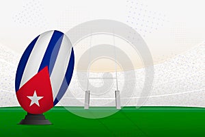 Cuba national team rugby ball on rugby stadium and goal posts, preparing for a penalty or free kick