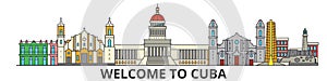 Cuba outline skyline, cuban flat thin line icons, landmarks, illustrations. Cuba cityscape, cuban travel city vector