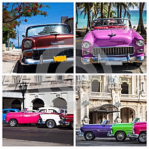 Cuba Photo collage from american colorful vintage cars