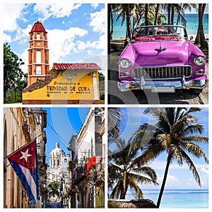 Cuba photocollage with beach Havana Trinidad and classic cars