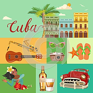 Cuba travel colorful banner concept. Cuban beach resort. Welcome to Cuba. Circle shape. Vector illustration with Cuban culture photo