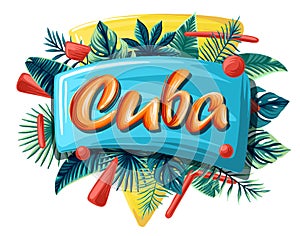 Cuba tropical leaves bright banner orange letters