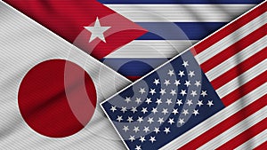 Cuba United States of America Japan Flags Together Fabric Texture Illustration