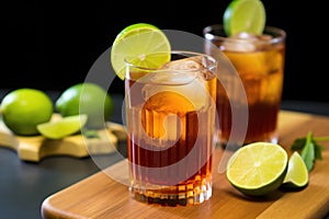 cubalibre served with a slice of lime and straw