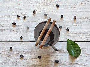 Cuban coffee with cigars on the table. Top view.