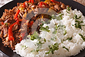 Cuban cuisine: ropa vieja meat with rice garnish macro. horizont photo