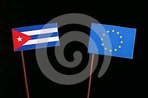 Cuban flag with European Union EU flag isolated on black